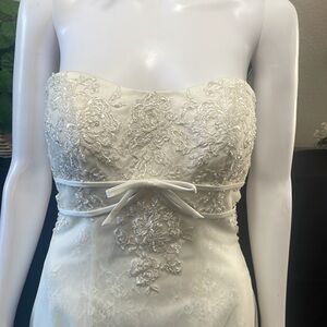 David’s bridal Galina Signature Ivory lace strapless gown.